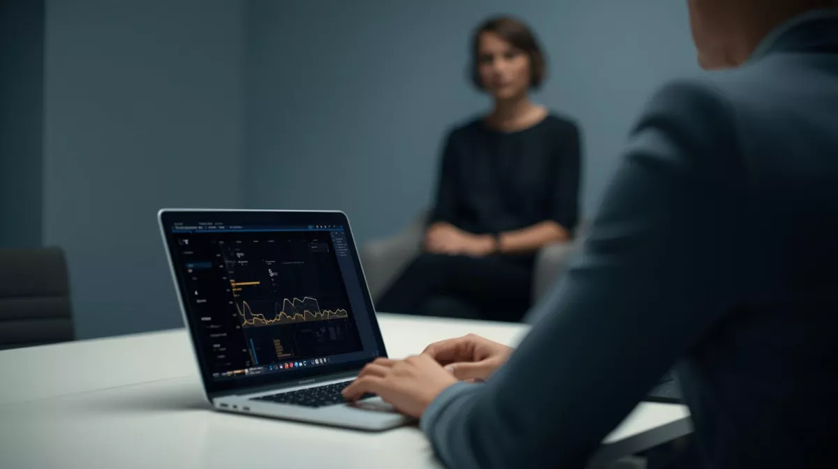 ein Mann am Laptop, im Hintergrund eine Frau