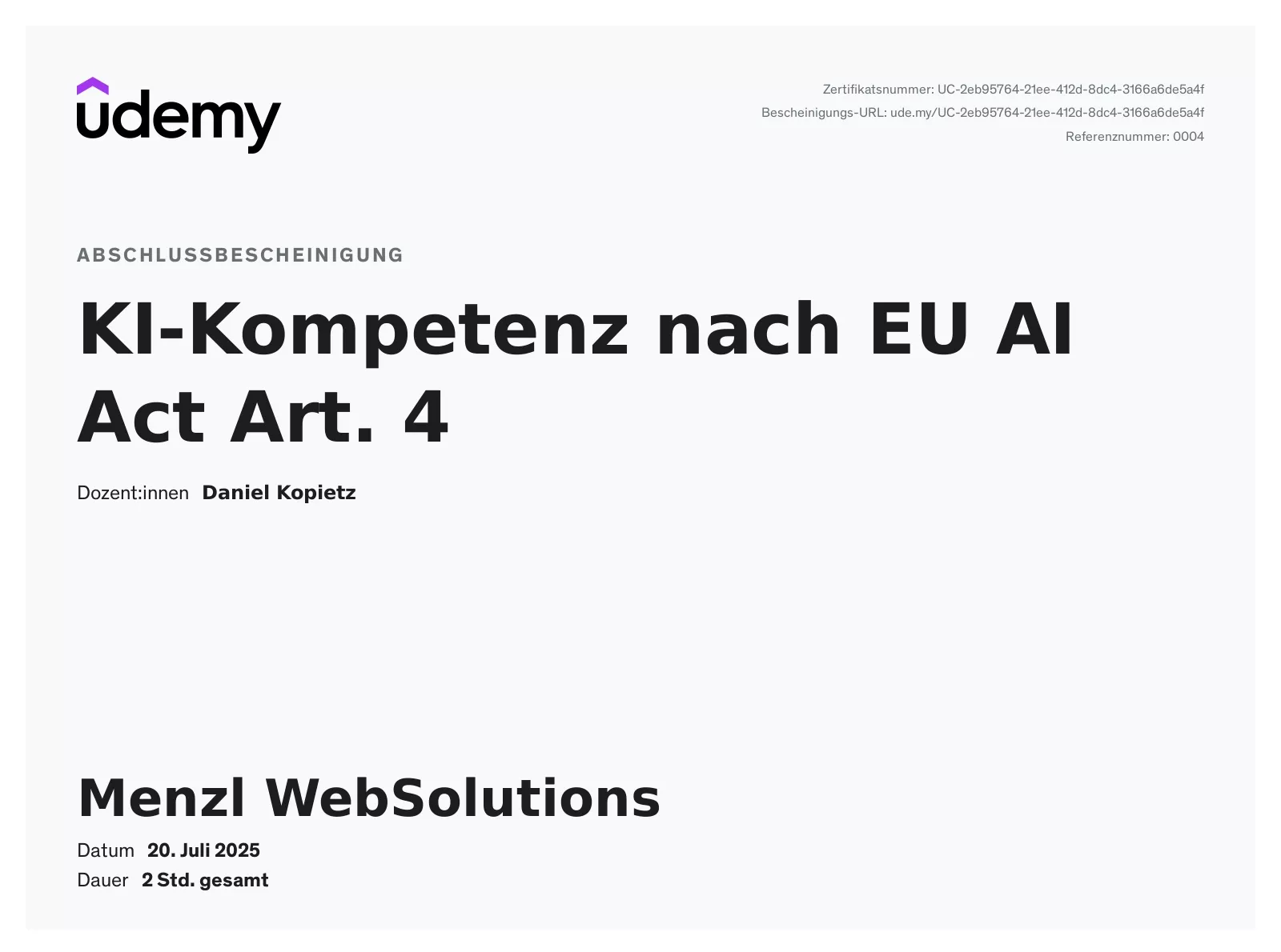 Abschlussbescheinigung KI-Kompetenz EU AI Act Art. 4